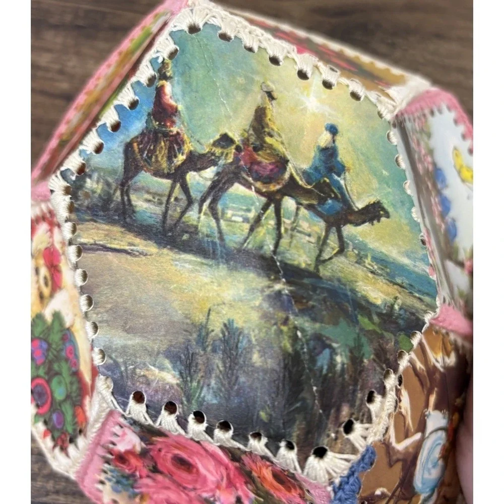 Vintage Handmade Stitched Ephemera Greeting Card Basket Christmas Bowl